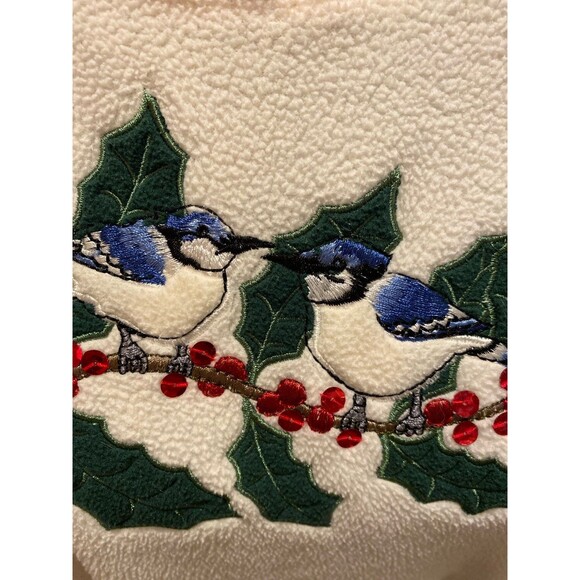 Vintage Christmas Sweatshirt Cream Color Size 1X w/ Unique Embroidery Blue Jays - Picture 3 of 7